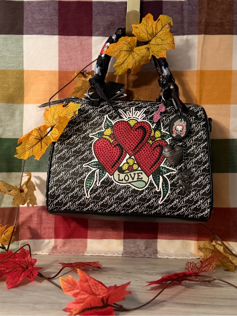 Ed Hardy Black Satchel with Red Heart Motif
